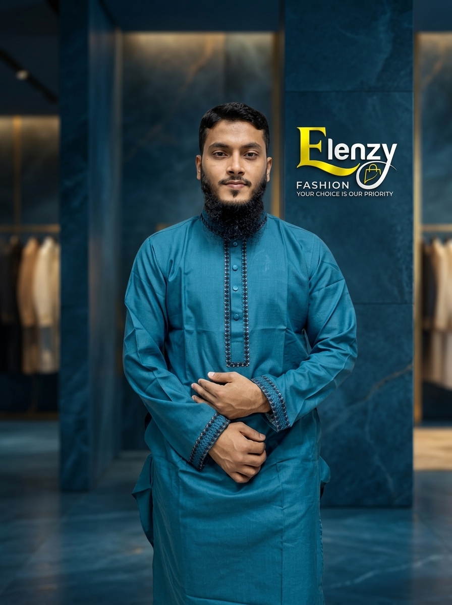 Elegant Teal Blue Panjabi with Geometric Embroidery Elenzy Blue Colour Panjabi