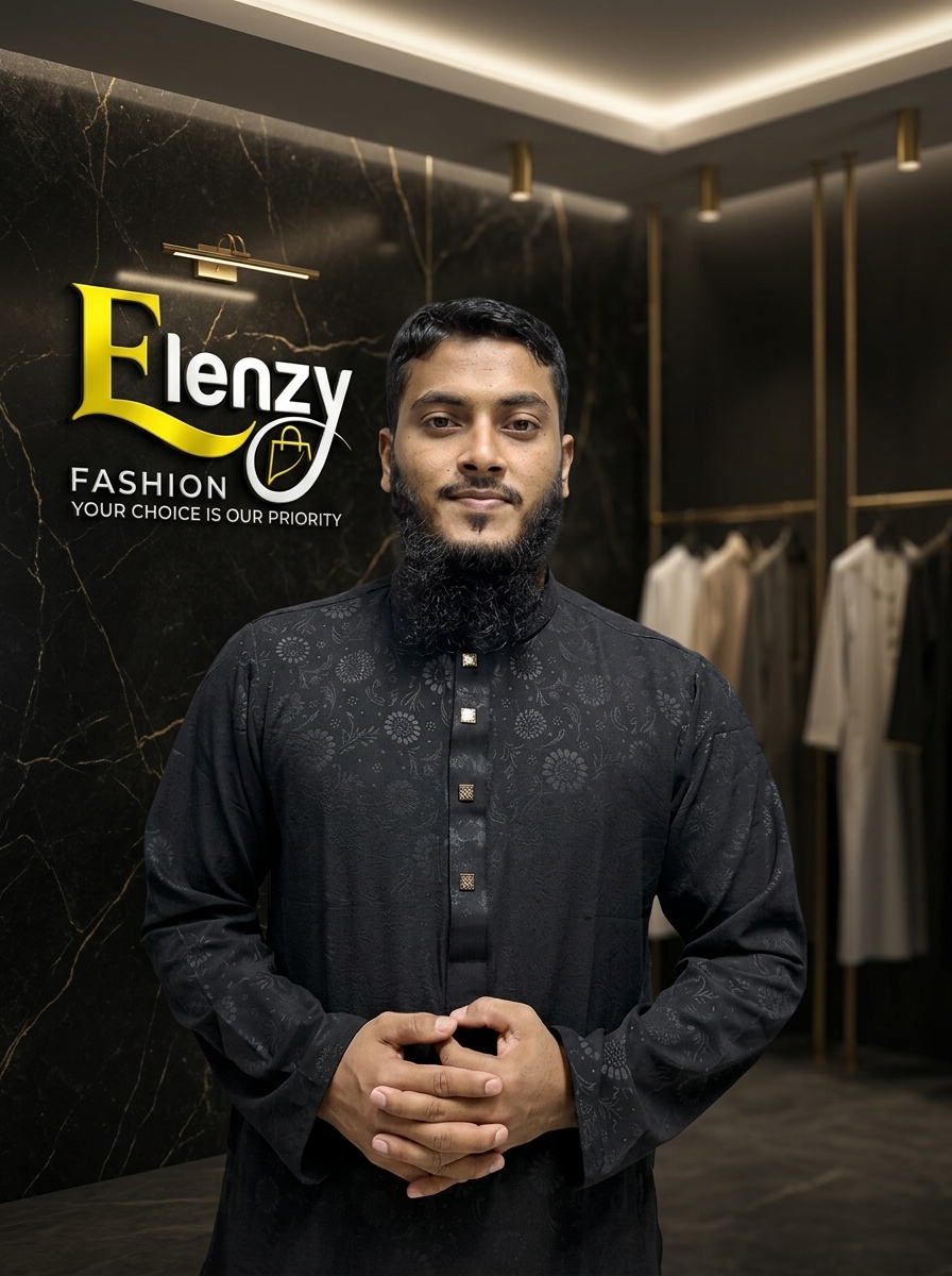 Elenzy Elegant Black Textured Party Wear Panjabi. কালো কালার টেক্সচারড পাঞ্জাবি।