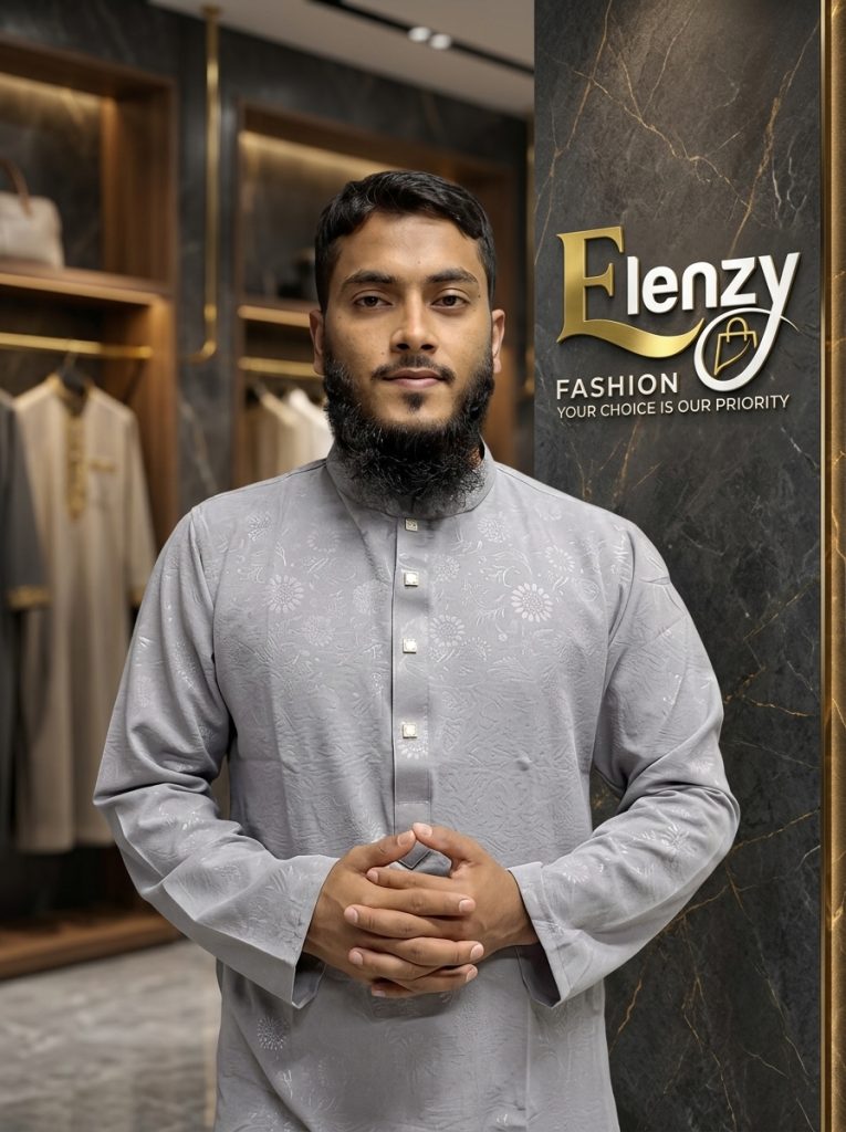 Elenzy Elegant Sophisticated Silver Grey Embossed Panjabi Gray কালার টেক্সচারড পাঞ্জাবি।
